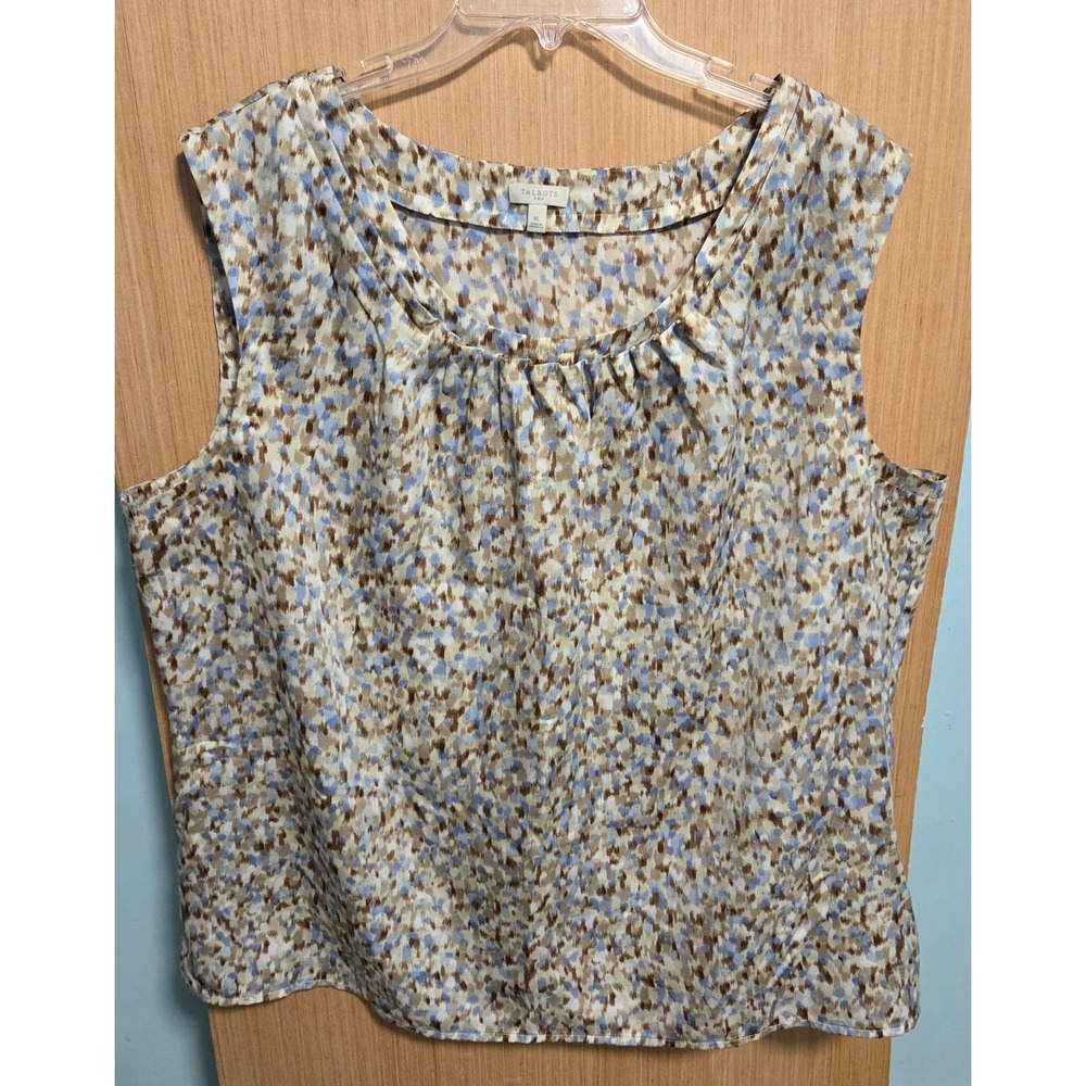 Talbots Womens XL Blue‎ Tan Abstract Brushstroke Pleated Neck Sleeveless Blouse